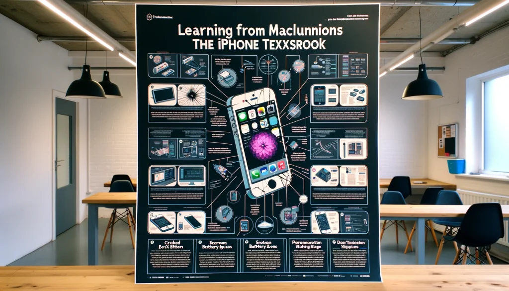 「"故障から学ぶ、iPhoneの教科書"と題された教育的なポスター。iPhoneの一般的な問題とその解決策を図解しており、割れた画面、バッテリーの問題、ソフトウェアの不具合などが含まれる。各問題は、問題を診断し修理する方法についての明確な指示が注釈付きで示されている。デザインはスリークでモダンで、テクノロジーにインスパイアされた美学がiPhone修理についての学びをアクセスしやすく魅力的にしている。教育的な設定やテク修理ショップに最適で、iPhoneのトラブルシューティングの基本を顧客に教育するのに役立つ。」